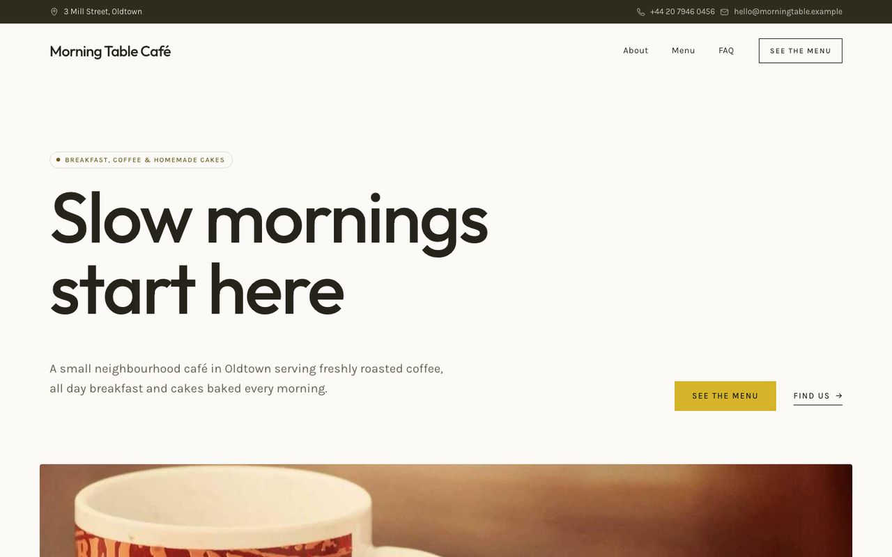 The café website in the Clean style