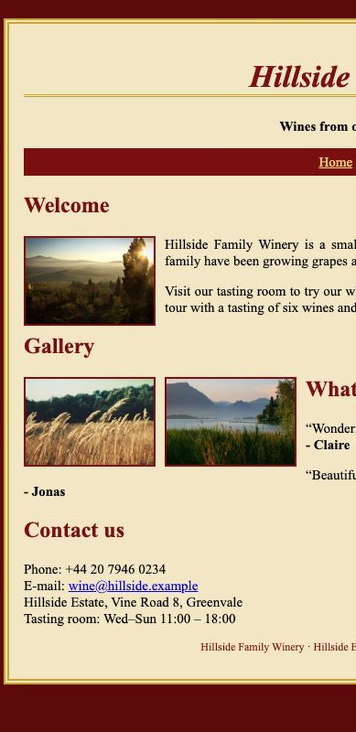 An outdated winery website on a phone